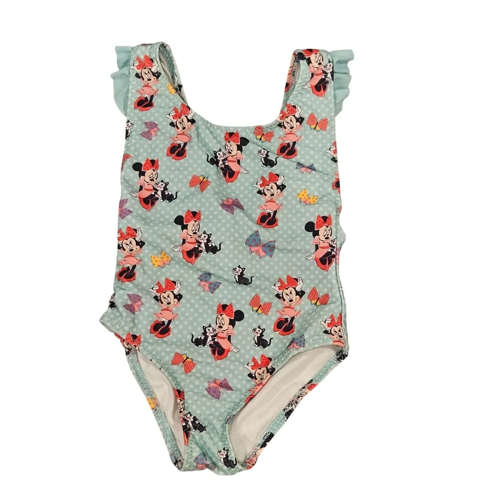 Disney Minnie Mouse & Figaro Girls Swimsuit‎ One Piece Ruffles Light Teal Size 4